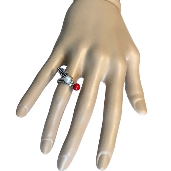 Feather Pearl &  Coral Silver Ring Gemstone Southwest Boho Minimalist - Picture 4 of 8